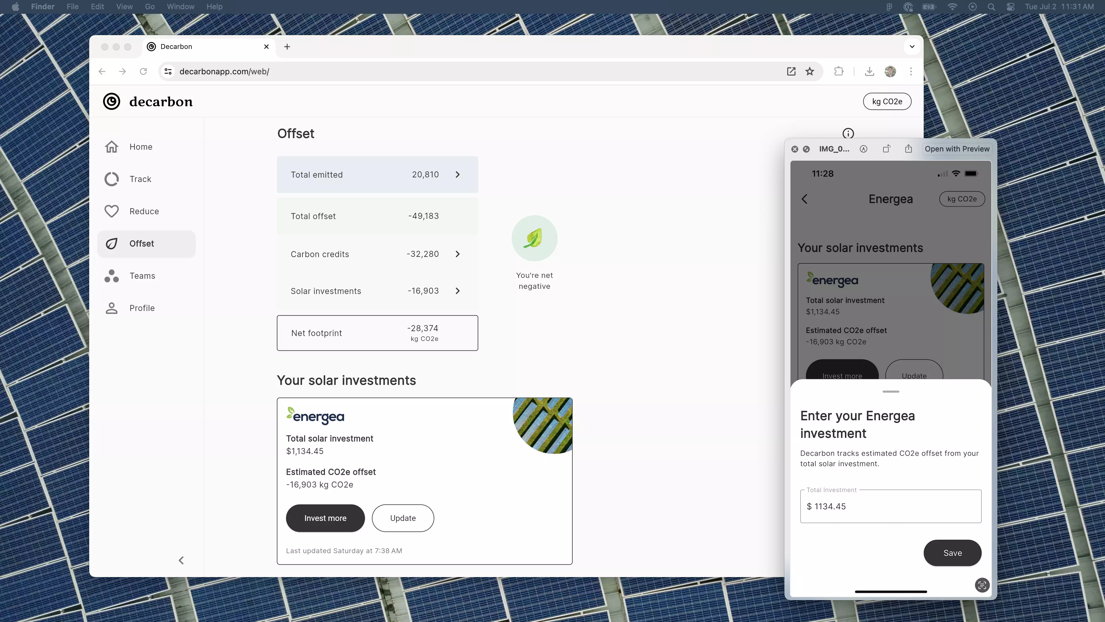 Screenshot of Decarbon's revamped Offsets screen that features solar investing